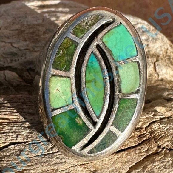 Solid Sterling Silver Zuni Signet Ring Inlay Turquoise Size 10 - Picture 1 of 7